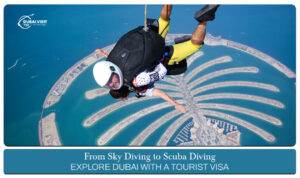 Dubai tourist visa | skydiving in Dubai blog banner by the dubai visit visa