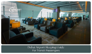 Dubai Airport transit passengers resting in comfortable seating areas while waiting for their connecting flights.