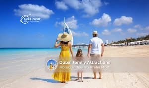Moroccan family enjoying Dubai attractions including Burj Khalifa, Dubai Aquarium, and desert safari