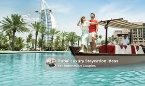 Indonesian couple enjoying a luxury staycation at a five-star Dubai hotel with stunning city skyline views.