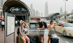 Tourist facing common travel challenges in Dubai while navigating transport, weather, and local travel regulations