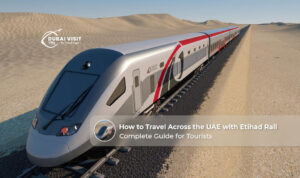 Etihad Rail train traveling across the UAE, connecting major cities with a modern passenger rail network.