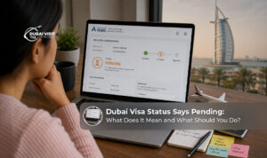 Dubai visa application showing pending status.