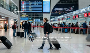 Travelers arriving early at Dubai Airport before departure.