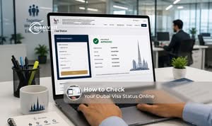 A traveller checking their Dubai visa status online using a passport number and application details.
