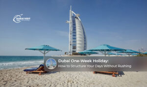 Travellers enjoying a week-long Dubai holiday with city sights and desert experiences.
