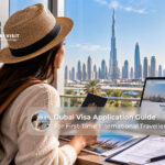 Traveller reviewing passport and visa documents before applying for a Dubai visit visa.