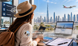 Traveller reviewing passport and visa documents before applying for a Dubai visit visa.