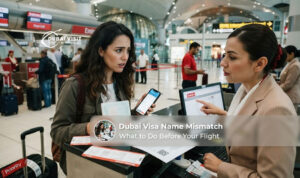 Passport and Dubai visa documents showing different name details.