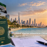 Passport, travel documents, and Dubai skyline illustration representing Dubai visa application for Uzbekistan passport holders.