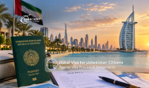 Passport, travel documents, and Dubai skyline illustration representing Dubai visa application for Uzbekistan passport holders.