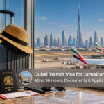 Jamaican traveller preparing documents for a Dubai airport transit and connecting flight.