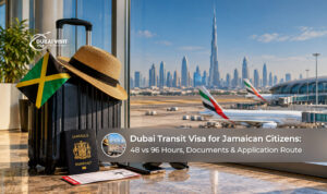 Jamaican traveller preparing documents for a Dubai airport transit and connecting flight.