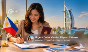 Filipino traveller preparing documents for an urgent Dubai visa application.